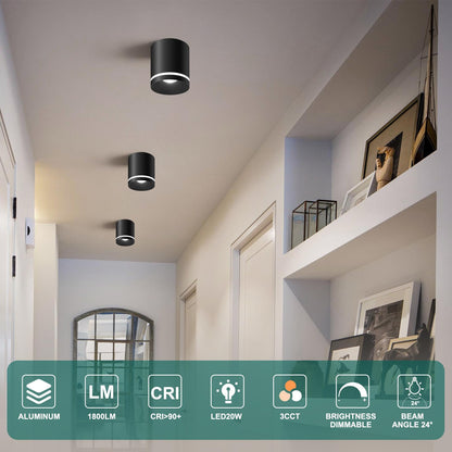 5.9“ Ceiling Light Fixtures, 20W 1800LM 3CCT 2700K-6000K Dimmable Flush Mount Ceiling Light for Hallway Kitchen Entryway, Black Cylinder Ceiling Lighting for Living Room 1-Pack